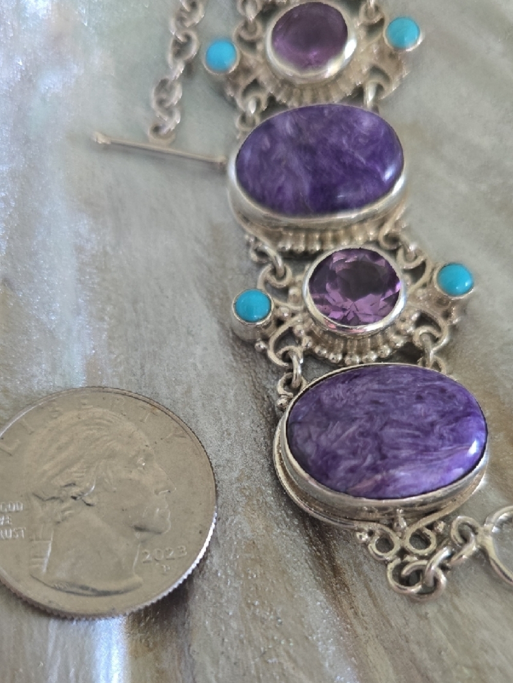 Sajen Sterling Charoite, Amethyst, and Turquoise Accent Bracelet - Picture 4 of 6